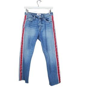 ZARA TRAFALUC Jeans Button Fly Capri Striped Raw Blue High Rise Distressed 4
